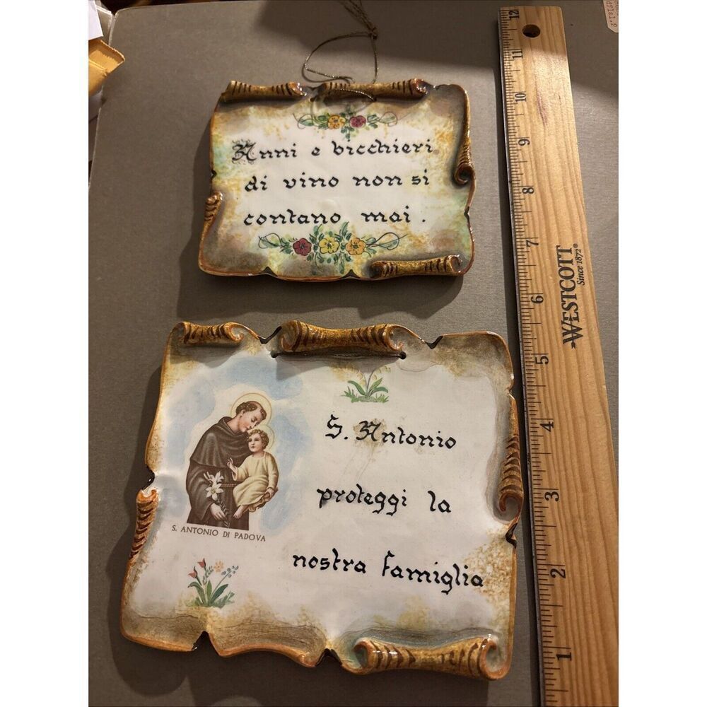 2 Vintage Plaques Made in Italy: San Antonio di Padova + Italian Wine Proverb